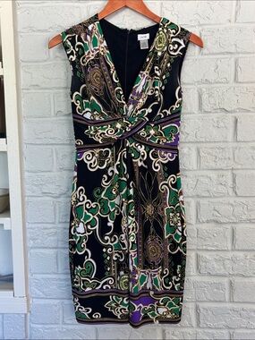 Cache Black Paisley-Print Twist-Front Midi Dress with Green and Purple Accents